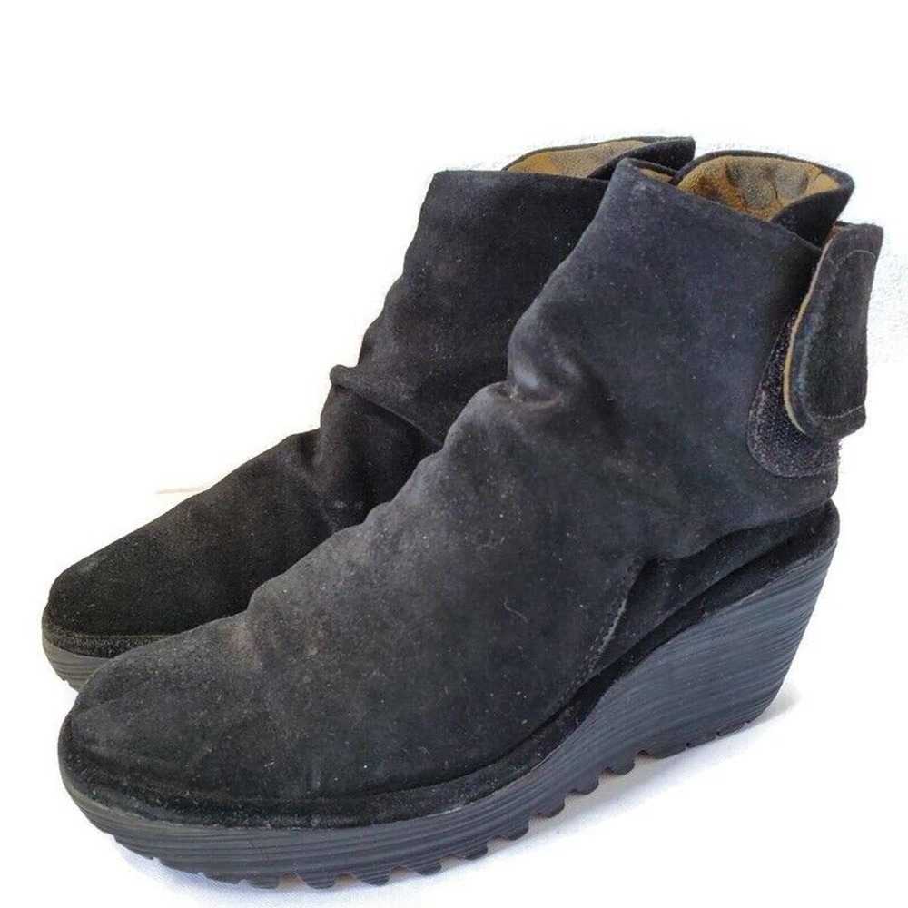 Fly London Yegi Ruffled Ankle Bootie Womens Size 37 US 7 Black Suede Wedge Heel